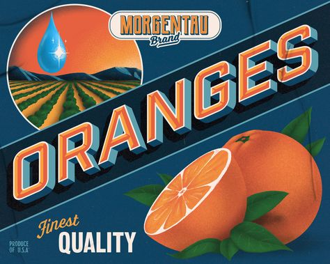 Vintage-style fruit crate label showing an orange grove and bold vintage typography Vintage Branding Design, Orange Crate Labels, Vintage Fruit Crate Label, Fruit Labels, Fruit Crate Label, Fruit Crate, Crate Label, Vintage Fruit, Beer Label