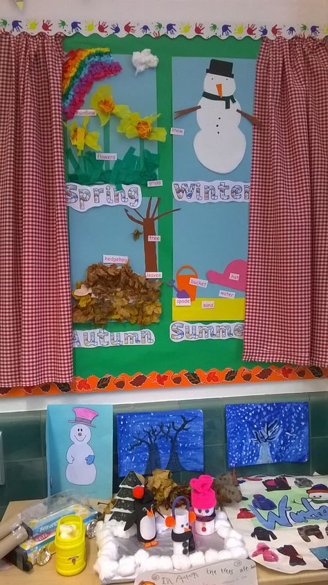 Seasons display. Year one. Ks1. Science. Starting to looking wonderful. I'm not very arty so the children have worked really hard to make our classroom look great. Season Display Board Eyfs, Seasons Display Ks1, Seasons Display Eyfs, Seasons Board Preschool, Weather Eyfs, Eyfs Weather, Seasons Display, Nursery Display Boards, Ks1 Science