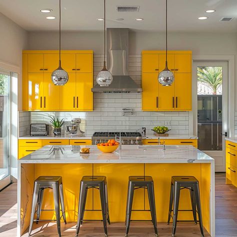 Add a Pop of Color with Yellow Kitchen Furniture Design Solutions • 333+ Art Images Yellow Chairs, Gray Tile Backsplash, Columns Decor, White Marble Table, Yellow Chair, Plywood Panels, White Quartz Countertop, Lifestyle Ideas, Yellow Kitchen