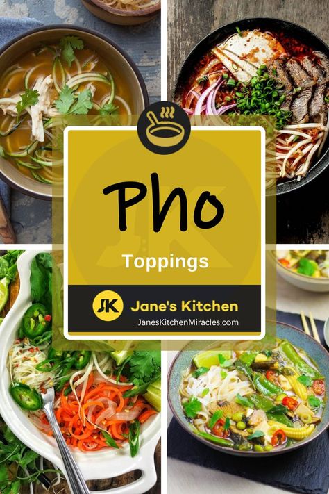 Various toppings on pho soups Pho Toppings, Pho Soup Recipe Easy, Steak Toppings, Pho Soup Recipe, Baked Okra, Bowl Of Pho, Pickled Mustard Greens, Pho Noodles, Pho Recipe