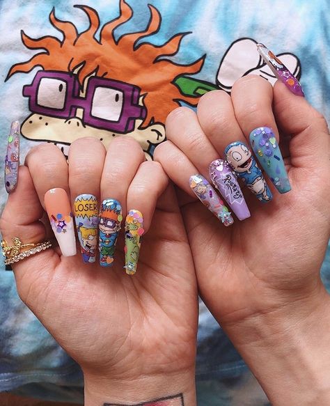 Rugrats Nail Designs, Rugrats Nail Art, Rugrats Nails, Nail Asthetic, Nails Barbie, Rugrats Cartoon, 90s Nails, Disney Acrylic Nails, Cartoon Nails