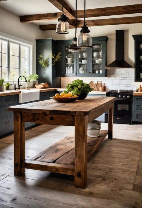 33 Modern Farmhouse Kitchen Ideas: Blending Rustic Charm with Contemporary Design 42 Rustical Kitchen Ideas, Modern Rustic Decor Kitchen, Rustic House Kitchen, Rustic Farmhouse Kitchen Ideas Country, Edgy Farmhouse, Mountain Kitchen Ideas, Kitchen Design Industrial, Farmhouse Design Interior, Modern Rustic Kitchen Design