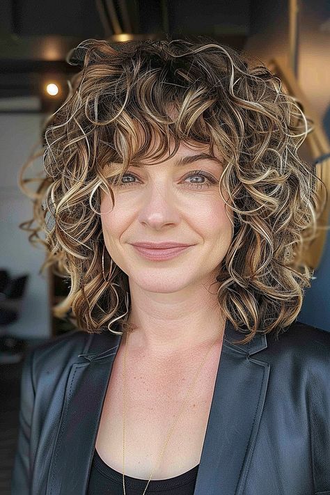 The Best Curly Haircuts with Bangs Medium Length Curly Haircut With Bangs, Curly Cuts With Bangs, Curly Shag With Curtain Bangs, Natural Curly Hair With Bangs, Curly Haircuts With Bangs, Medium Length Curly Haircuts, Older Woman Curly Hair, Shirt Curly Hairstyles, Wavy To Curly Hair