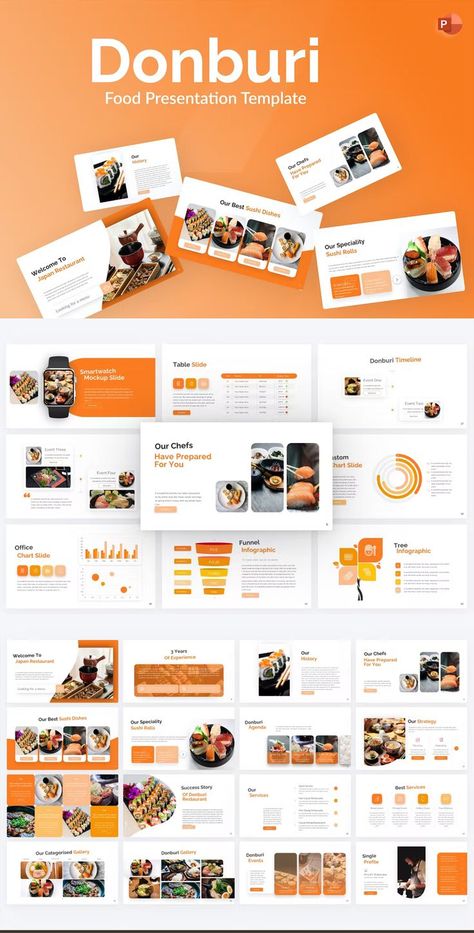 Donburi Orange Simple Food PowerPoint Presentation Template - 50+ Unique Slides Orange Presentation Design, Case Presentation, Sushi Dishes, Company Presentation, Presentation Design Layout, Food Template, Powerpoint Design Templates, Coffee Menu, Best Sushi