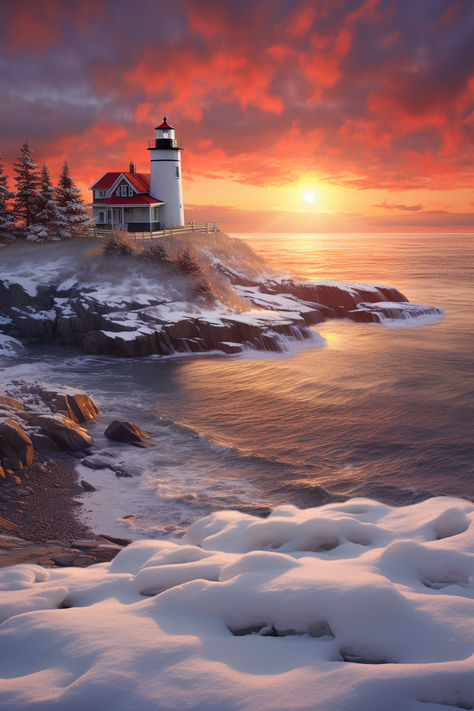 Witness the captivating charm of a lighthouse nestled in snow, embracing the peaceful essence and scenic beauty of a winter wonder. Winter Lighthouse, Ornament Inspiration, Lighthouse Photos, Lighthouse Painting, Lighthouse Pictures, Snowy Landscape, Beautiful Lighthouse, Stormy Sea, Winter Blankets