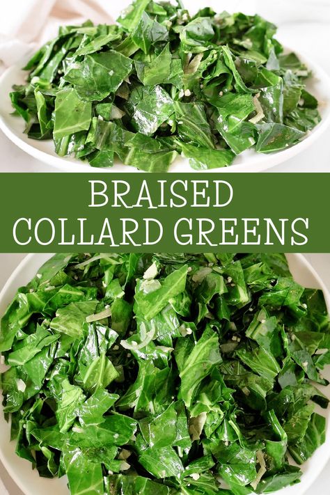 Braised Collard Greens ~ Southern-style greens slow-simmered with lots of garlic, onions, and simple seasonings. Vegetarian and vegan. Easy Collard Greens Recipe, Braised Collard Greens, Vegan Collard Greens, Southern Style Collard Greens, Fluff Salad Recipes, Braised Greens, Collard Greens Recipe, Bbq Tofu, Green Garlic