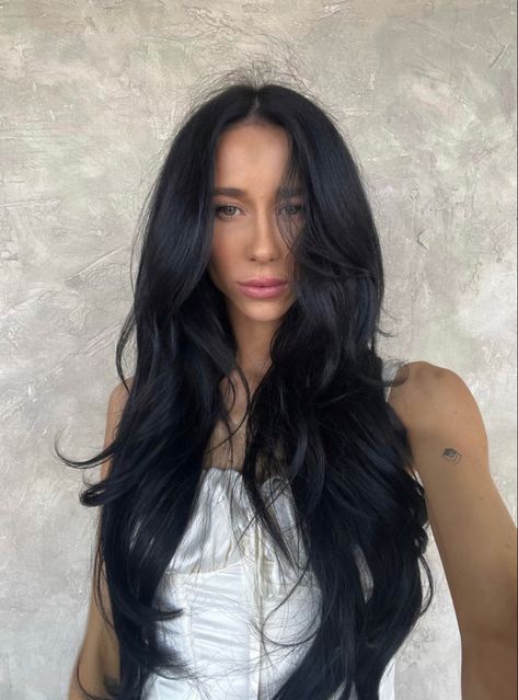 Black Layered Long Hair, Long Black Colored Hair Hairstyles, Jet Black Long Hair With Layers, Feathered Black Hair, Long Dark Hair Blowout, Long Black Hair With Extensions, Hair Extension Layers, Long Black Hair Blowout, Dark Hair With Long Layers