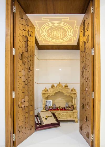 35 Serene Puja Room Designs Exterior Design Restaurant, Wooden Temple For Home, Interior Decoration Ideas, Puja Mandir, Bedroom Pop Design, Interior Room Decoration, Temple Design For Home, Interior Shop, Pop Ceiling Design