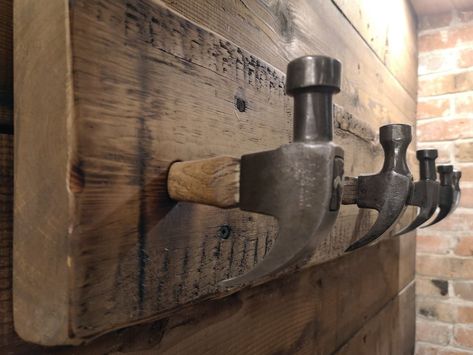 The Hammer Coat Rack Rustic Gift Carpentry Reclaimed - Etsy Barn Wood Coat Rack, Rustic Coat Rack, Horseshoe Crafts, Wooden Coat Rack, Trailer Ideas, Horse Trailer, Old Tools, Clothing Storage, Storage Items