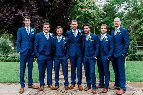 Blue Wedding Suit Groom, Navy Groomsmen Suits, Blue Groomsmen Suits, Navy Groomsmen, Groomsmen Wedding Photos, Waistcoat Suit, Yellow Weddings, Blue Groomsmen, Groom And Groomsmen Suits