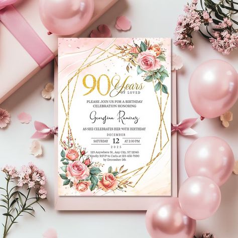 Pink Roses Birthday Invitation Template, 90th Birthday Party Invitation, Birthday Celebration Card, Birthday Invite for Women BD9003 - Etsy 90th Birthday Party Invitation Ideas, 90th Birthday Party Invitations Free Printable, 90 Birthday Invitations, 90th Bday Invitation, Rose Gold And Pink Birthday Brunch Invitations, Rosé Birthday, 90's Birthday Party, Printable Invitation Templates, 90th Birthday