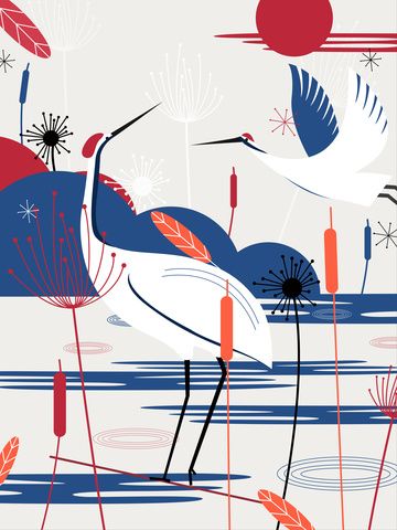 Harmony painting of natural imprinted cranes and plants illustration image Bird Illustration Art, Crane Illustration, Crane Bird Illustration, Crane Mural, Vintage Crane Illustration, Birds Vector Illustration, Japanese Crane Mural, Harmony Art, Ipad Painting