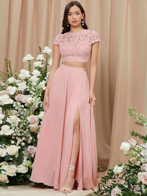 Crop Top Bridesmaid Dress, 2 Piece Outfit Set Skirts, 2 Piece Bridesmaid Dress, Crop Top Elegante, Bridesmaid Skirt And Top, Pink Skirt Outfits, Bridesmaid Tops, Thigh Skirt, Fab Dress