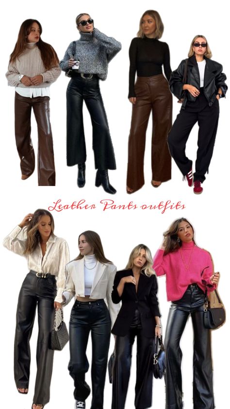 How to style leather pants Wide Legged Leather Pants Outfit, Leather Pants Formal Outfit, Wide Leg Leather Trousers Outfit, Brown Leather Pants Outfit, Leather Pants Outfits, How To Style Leather Pants, Leather Trousers Outfit, Style Leather Pants, Brown Leather Pants