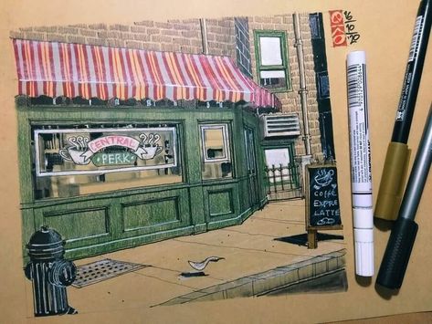 Friends Tv Drawing, Friends Cafe Central Perk, Central Perk Drawing, Gala Background, Illustration Friends, Town Illustration, Friends Drawing, Friends Cafe, Friends Apartment