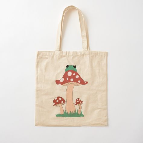 100% cotton reusable shopping carry bag with digital print on one side. Frog On Mushroom, Handpainted Tote, Painted Canvas Bags, Colorful Mushrooms, Handpainted Tote Bags, Totes Ideas, Canvas Bag Design, Tods Bag, Diy Tote