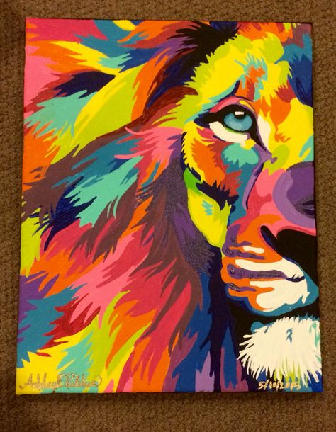 11x14" acrylic on canvas colorful lion abstract painting 05/10/2015. Ashley Pilcher Animals Painting Ideas, Lion Canvas Painting, Animal Paintings Acrylic, Abstract Lion, Simple Oil Painting, Animals Painting, Frida Art, Lion Painting, Lion Canvas