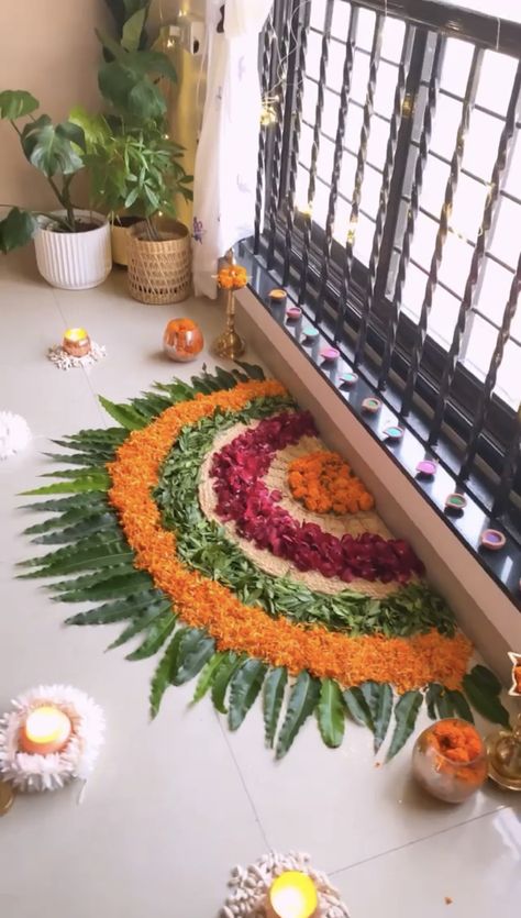 Inogration Decoration, Rudrabhishek Decoration, Housewarming Rangoli Designs, Diwali Hall Decoration, Mandir Flower Decoration, Mandir Decoration Ideas, Rangoli Wedding, Rangoli Decoration, Diwali Aesthetic