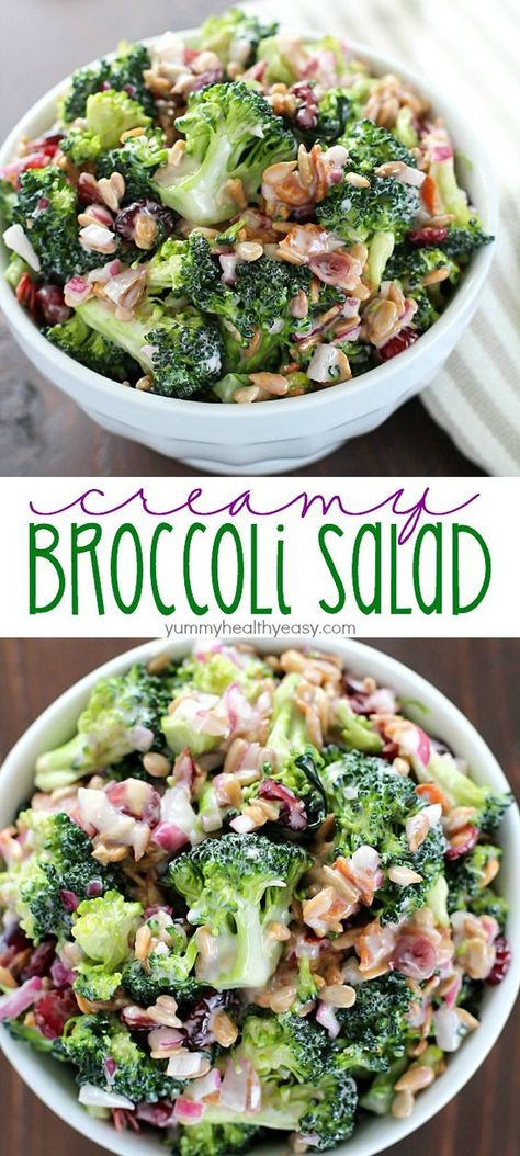 Need an easy side dish? Make this Creamy Broccoli Salad! It's full of fresh broccoli, red onion, dried cranberries, sunflower seeds and bacon mixed in a creamy, delicious dressing. Always a hit! Broccoli Salad Dressing, Creamy Broccoli Salad Recipe, Creamy Broccoli Salad, Salad Kale, Creamy Broccoli, Broccoli Salad Recipe, Salad Pasta, Easy Side Dish, Fresh Broccoli