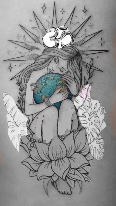 Woman Sitting On Lotus Flower Tattoo, Plus Size Goddess Tattoo, Mother Earth Sketch, Woman Holding Earth Tattoo, Earth Angel Tattoo, Gaia Goddess Tattoo, Houses Tattoo, Earth Goddess Tattoo, Gaia Tattoo