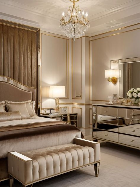 Create a sophisticated and elegant beige art deco bedroom by incorporating a statement mirrored dresser and a luxurious velvet upholstered bed. Enhance the glamorous ambiance with gold accents and crystal chandeliers for a touch of opulence. Beige And Gold Bedroom, Hollywood Glam Bedroom, Glam Bedroom Ideas, Mirrored Dresser, Gold Bedroom Decor, Velvet Upholstered Bed, Art Deco Bedroom, Glam Bedroom, Deco Bedroom