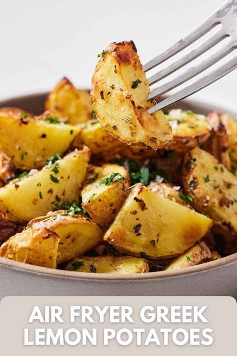 You will love how quickly and easily these Air Fryer Greek Lemon Potatoes come together! They’re soft and tender on the inside, crispy on the outside, and full of bright, fresh flavors. It’s the perfect side dish for any meal! Potatoes In Air Fryer, Air Fryer Brussels Sprouts, Lemon Roasted Potatoes, Greek Lemon Potatoes, Greek Quinoa Salad, Air Fryer Fried Chicken, Steak Bites Recipe, Air Fryer Salmon, Greek Potatoes