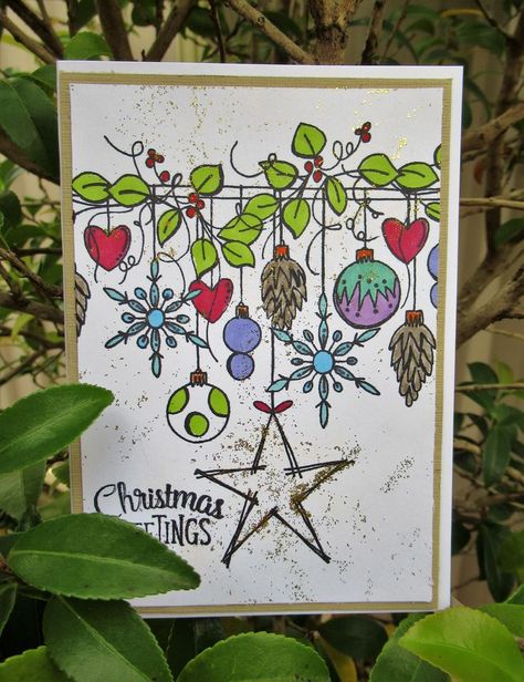 Christmas card made with JOFY107 stamp set from PaperArtsy. Christmas Zentangle Cards, Christmas Art Journal Pages, Paper Artsy Jofy Christmas Cards, December Doodles Bullet Journal, Bullet Journal Christmas Theme, Paper Artsy, Christmas Doodles, Diy Journal Books, Christmas Card Art