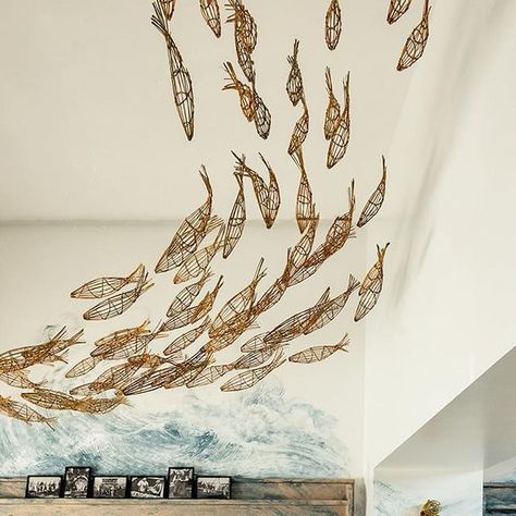 Fish Shop on Instagram: "Helen Jackson's whimsical fish shoal takes dining to new depths as it floats above the room, crafted from her homegrown willow 🐟   #fishshopballater #fishshop #ballater #seafood #seafoodrestaurant #freshseafood #scottishseafood" Fish Installation, Shoal Of Fish Illustration, Willow Ufgood, School Of Fish Art Installation, Fish Chandelier Pendants, Shoal Of Fish, Fresh Seafood, Seafood Restaurant, Fish Art