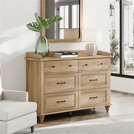 The 6 drawer chest is designed with changing table for changing diapers or clothing so that it could be used as baby dresser and nursery dresser perfectly. Six deep drawers offer ample space for a variety of daily supplies. Sturdy frame and great material will make sure better stability so the white dressers can stand freely without any wobble and offer long life span. Color: Brown. Best Dresser For Nursery, Small Nursery Dresser, Natural Wood Dresser Nursery, Natural Wood Nursery Furniture, Dresser Light Wood, Baby Dresser Changing Table, Tan Dresser, Nursery Furniture Ideas, Unfinished Wood Dresser