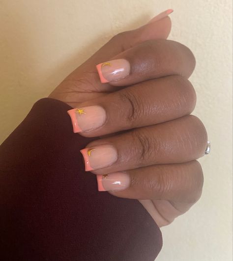 Coral French Tip Nails Square, Peach Nails French Tip, Cool French Tip Nail Designs Square, Coral French Nails, Coral French Tips, Coral French Tip Nails, Short Nail Inspi, Bright Coral Nails, Ruby Nails