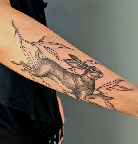 A black and grey tattoo of a hare on the forearm Running Hare Tattoo, Hare Tattoo, Earthy Grunge, Bunny Tattoo, Woodland Rabbit, Rabbit Tattoo, Plastic Lumber, Tattoo Thoughts, Drawing Help