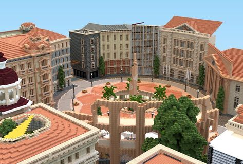 Minecraft Main Street, Minecraft City Square, Minecraft City Decorations, Minecraft Theater, Paris Minecraft, Minecraft Lab, Minecraft Town Square, Minecraft Id, Riverside Village