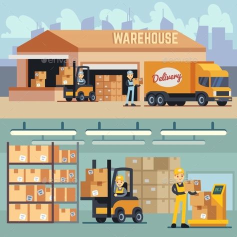 Shipping Illustration, Logistics Design, Dunia Disney, Warehouse Logistics, Warehouse Worker, Warehouse Design, Warehouse Storage, Business Banner, Supply Chain Management