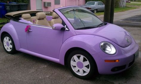 Purple Bug Car, Volkswagen Beetle Interior Decor, Purple Mini Cooper, Pink Fuzzy Dice, Beatles Car, Volkswagen Beetle Interior, Pink Steering Wheel, Pink Car Interior, Car Decoration Ideas