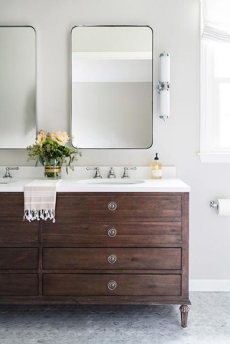 Gorgeous bathroom design featuring a Restoration Hardware Maison Double Vanity with Drawers under Restoration Hardware Bristol Wall Mirrors overhead. Restoration Hardware Maison, Restoration Hardware Bathroom Vanity, Restoration Hardware Bathroom, Fixer Upper Bathroom, Transitional Decor Bathroom, Hardware Bathroom, Beach Bungalow, Transitional Bathroom, Classic Bathroom