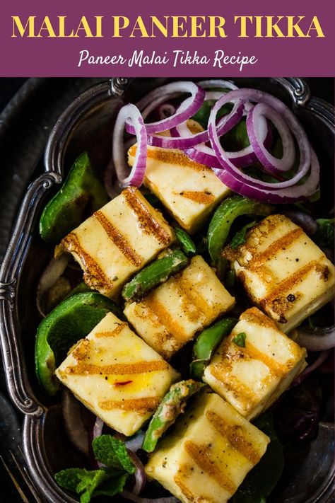 A bowl of malai paneer tikka served with red onion and chutney on the side Malai Paneer Tikka, Malai Tikka Recipe, Malai Tikka, East Indian Food, Vegetarian Starters, Tandoori Paneer, Paneer Dishes, Tikka Recipe, Paneer Tikka