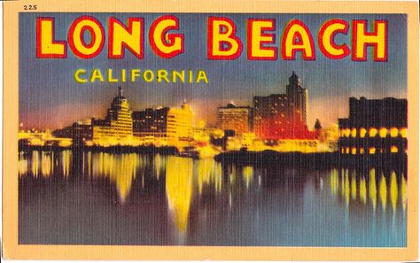 California Postcard, California Poster, Long Beach California, Big Letters, Vintage Los Angeles, Vintage California, Night View, Old Postcards, Beach California