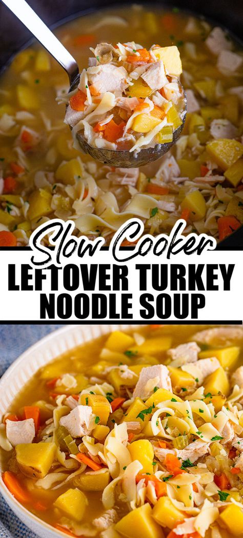 Leftover turkey soup is made in the crock pot and is the perfect recipe to use up some Thanksgiving leftovers. Filled with turkey, vegetables, noodles, and potatoes, this comforting soup will make your house smell amazing as it cooks in the slow cooker. | www.persnicketyplates.com Leftover Turkey Noodle Soup Crockpot, Crockpot Turkey Recipes Leftovers, Crock Pot Turkey Noodle Soup, Turkey Corn Noodle Soup, Turkey Noodle Soup Homemade Crockpot, Crockpot Turkey Soup Recipes, Turkey Stew Recipes Slow Cooker, Crock Pot Turkey Soup Recipes, Turkey Soup With Potatoes