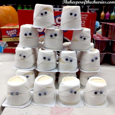 Ghost Pudding Cups, Halloween Pudding Cups Kids, Halloween Classroom Snacks, Halloween Pudding Cups, Halloween Classroom Treats, Halloween Cooking, Monster Mash Party, Mummy Candy, Class Treats