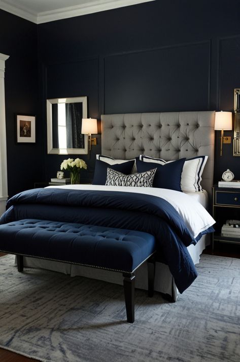 Navy Blue Headboard, Tiffany Blue Bedroom, Royal Blue Bedrooms, Blue And Gold Bedroom, Navy Bedrooms, Dark Blue Bedrooms, Blue Headboard, Navy Blue Bedrooms, Blue Accent Walls