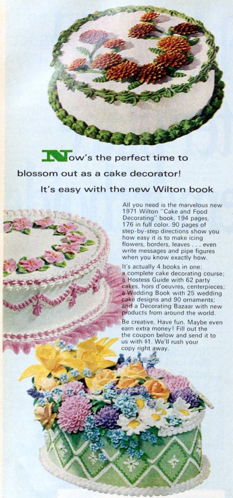 Beautiful vintage Wilton cake decorating ideas & inspiration from the 70s & 80s 2 Vintage Wilton Wedding Cakes, Flower Piping Cake, Wilton Wedding Cakes, Vintage Flower Cake, Wilton Cake Decorating, Cake Decorating Ideas, Wilton Cakes, The Seventies, Vintage Recipes