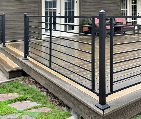 Fe26 Axis Horizontal Infill Porch Stair Railing, Metal Deck Railing Ideas, Trex Patio, Lake House Deck, Lake Deck, Cement House, Metal Deck Railing, Deck Railing Ideas, Contemporary Deck