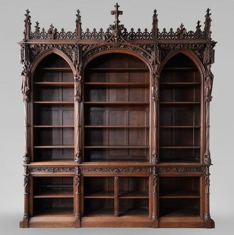 Gothic Bookshelves, Gothic Library, Oak Library, Gothic Interior, Neo Gothic, Gothic Furniture, Oak Bookcase, Dark Home Decor, Home Library Design