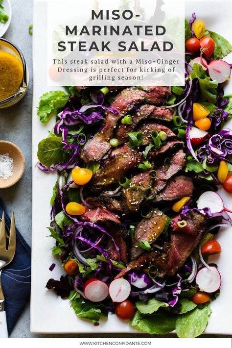 Fire up the grill and sharpen those knives! This Miso-Marinated Steak Salad with a Miso-Ginger Dressing is perfect for kicking of grilling season. #miso #marinade #steak #salad #grilling #kitchenconfidante Vietnamese Steak, Steak Salad Dressing, Beef Tagliata, Marinade Steak, Steak Marinades, Miso Ginger Dressing, Miso Recipe, Meat Salad, Grilled Steak Recipes