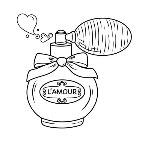 Vector illustration of retro perfume bottle with pom pom. Romantic doodle sketch of love scent for valentine's day Perfume Drawing Sketches, Perfume Bottle Drawing, Perfume Sketch, Perfume Drawing, Retro Perfume, Bottle Drawing, Sketches Of Love, Clipart Black And White, Doodle Sketch