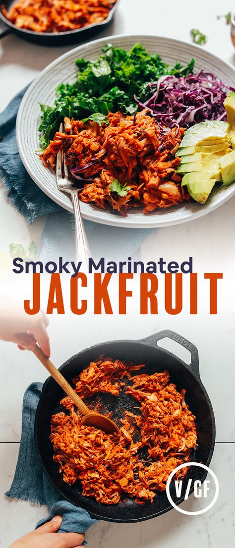 SMOKY Marinated Jackfruit! Less than 30 minutes hands-on prep, leave it to marinade, sauté throughout the week! BIG flavor! #vegan #jackfruit #glutenfree #minimalistbaker #recipe Gf Lunch, Vegan Tortilla Soup, Jackfruit Sandwich, Vegan Jackfruit, Canned Jackfruit, Jackfruit Recipes, Vegetarian Mains, Mexican Night, Sauteed Greens