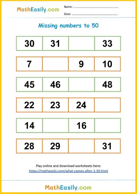 Math worksheets for 2nd Grade: Fill in missing numbers 1-50 #matheasily #mathworksheets #mathgames #addition #kids #firstgrademath #secondgrademath #missingnumbers Worksheet On Missing Numbers, Grade 1 Lesson Plan Math, Maths Worksheet For Sr Kg, Sr Kg Worksheets Maths, Sr Kg Maths Worksheet, Missing Numbers 1-50 Worksheets, Math Worksheets For Grade 1, Eyfs Planning, Geometric Formulas