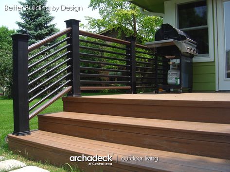 Horizontal Pipe Rail on TimberTech Earthwoods Evolutions Deck, Des Moines Area | Archadeck Outdoor Living Exterior Horizontal Railing, Trex Deck Railing, Horizontal Railing, Horizontal Deck Railing, Exterior Stair Railing, Bow Windows, Deck Handrail, Backyard Decks, Pipe Railing