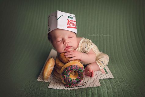 SomethingNewProductions.com Krispy Kreme donut newborn photo Little pink elephant photo props "Isabella romper" Donut Pictures, Donut Photos, Elephant Photo, Elephants Photos, Newborn Photography Poses, Toddler Photography, Krispy Kreme, Photoshoot Themes, Nursery Room Decor