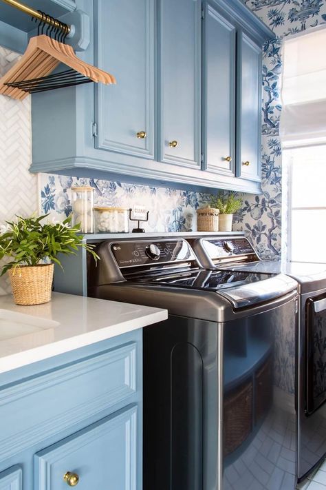 Brown Countertop, Blue Laundry Rooms, Stylish Laundry Room, Laundry Room Renovation, Laundry Room Inspiration, Laundry Room Diy, Blue Cabinets, One Room Challenge, Room Challenge